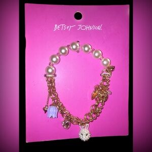 BETSEY JOHNSON Easter Double-Strand Gold Chains & Pearls Charm Bracelet NEW NWT